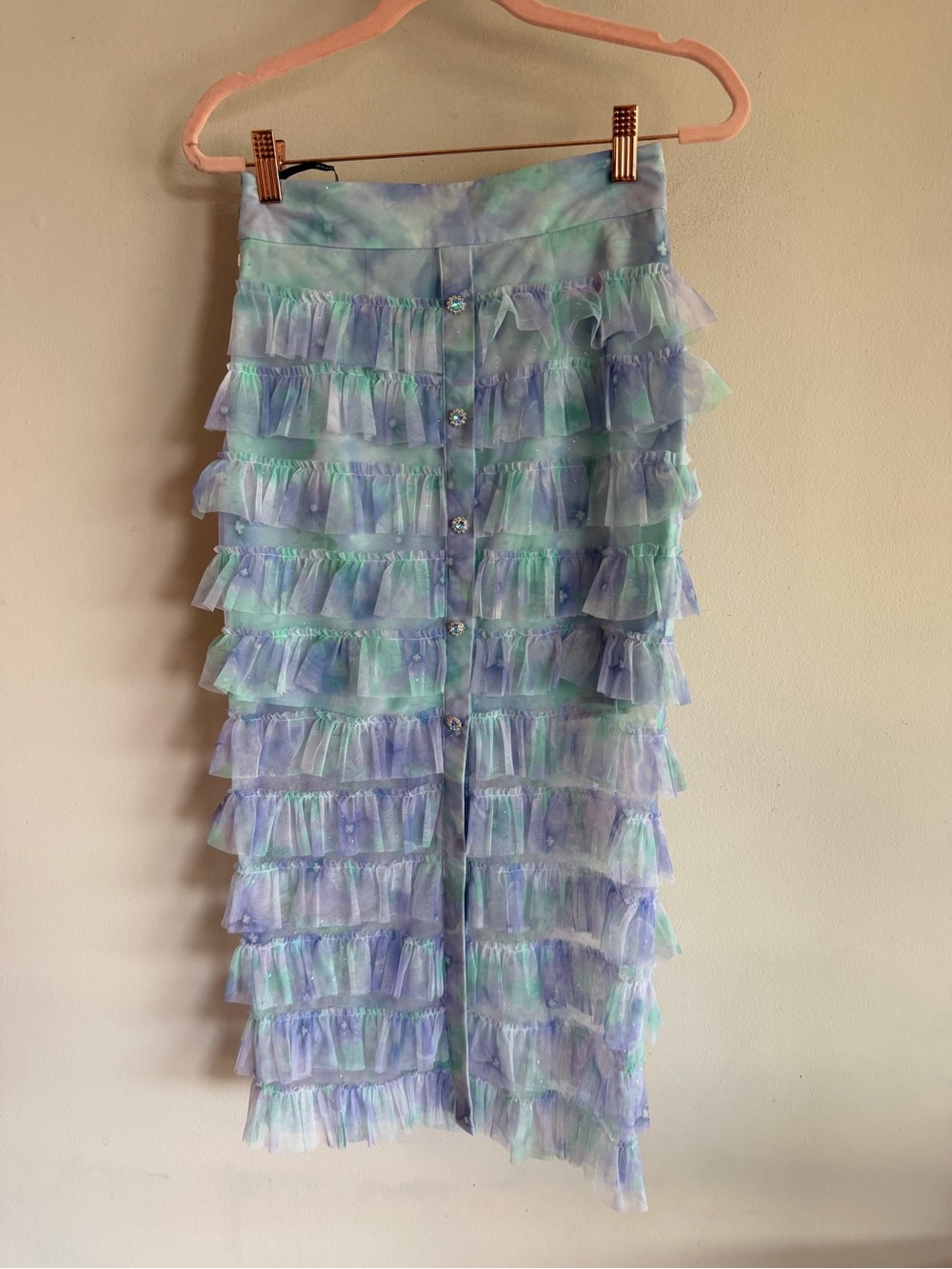 Maxrieny Tie Dye Ruffle Mesh Midi Skirt Mint Green Lavender Rhinestone Button S